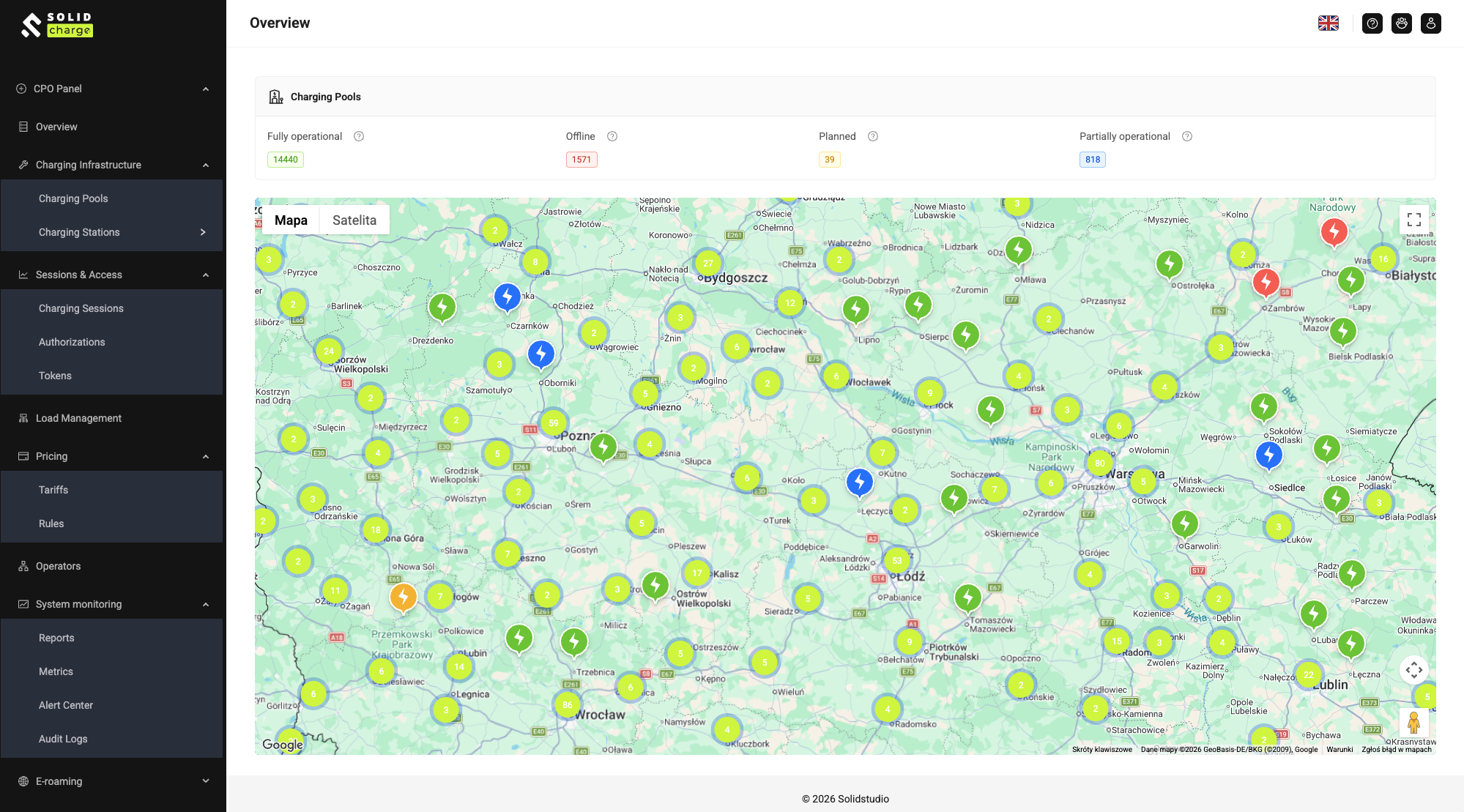 SolidCharge — panel CPO: mapa stacji, pule ładowania i status sieci